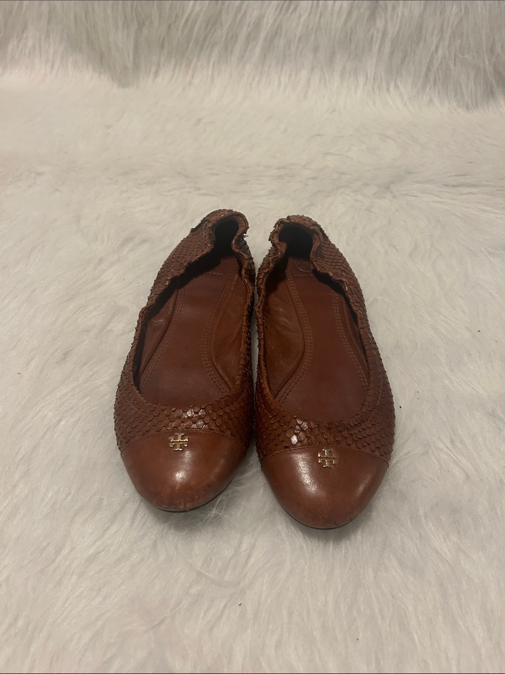 Tory Burch Brown Leather Snake-Embossed Ballet Flats with Gold Logo